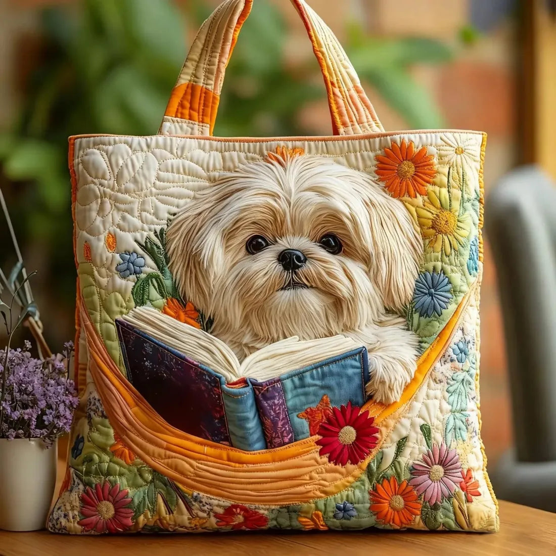 Bolso artesanal Shih Tzu con libro y flores