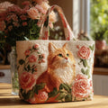 Bolso artesanal con gato naranja y rosas